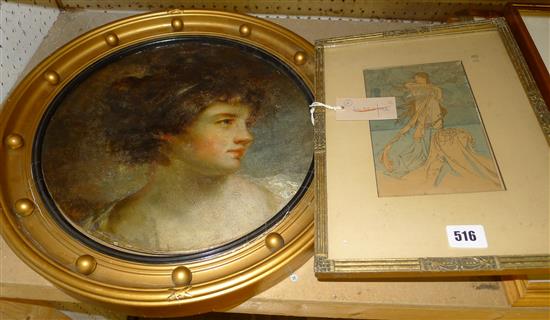 Manner of Reynolds portrait of a young girl, oil on japanned metal panel & Mucha print (plate II from Rama by Paul Verola)